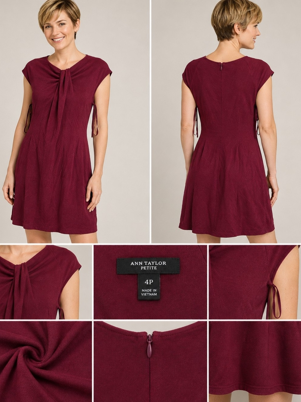 Ann Taylor 4Petite Wine Tie-Neck Cap Sleeve Dress